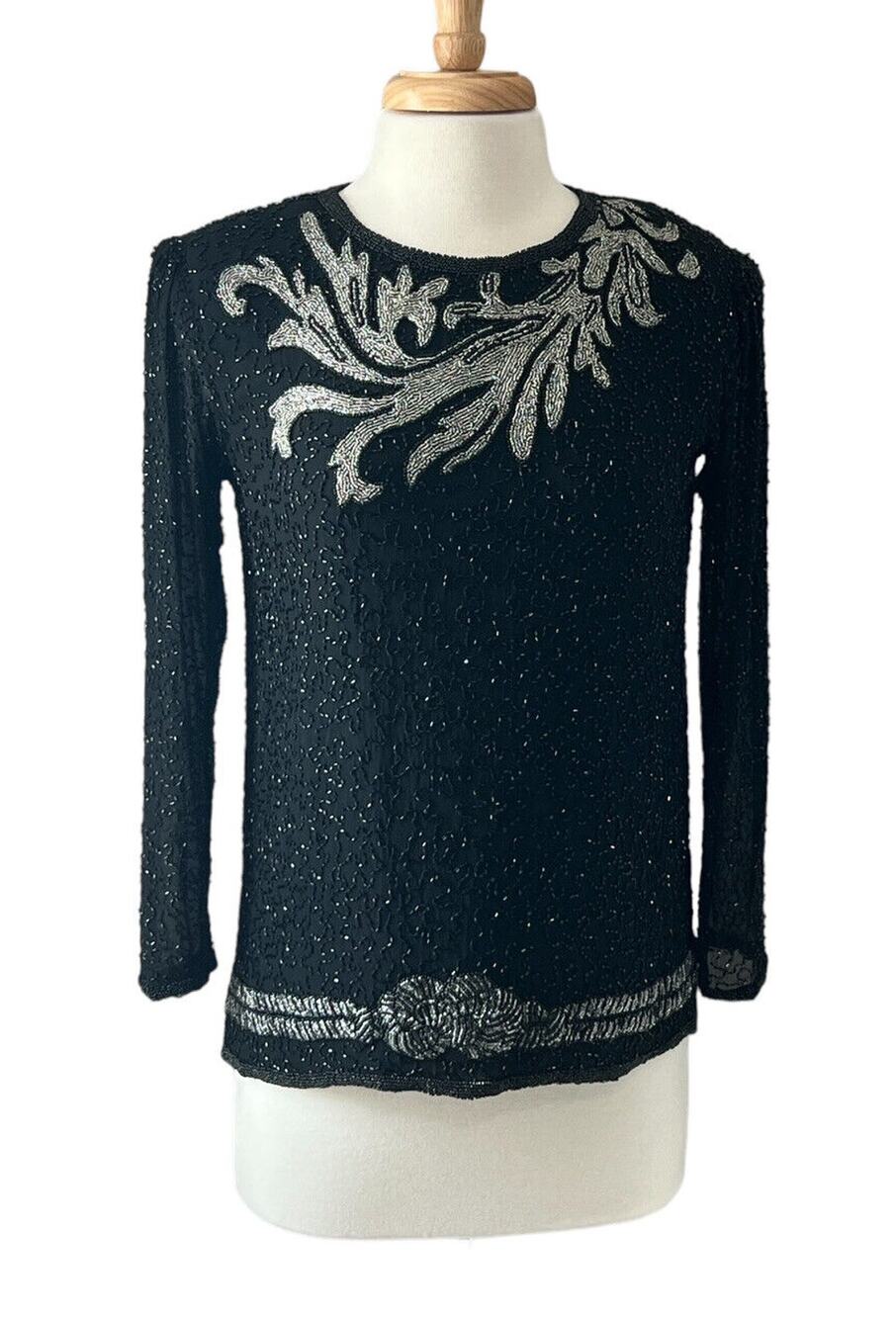SHOMAX Women's M Silk Black Silver Heavy Beaded Evening Wear Top Holiday Glam